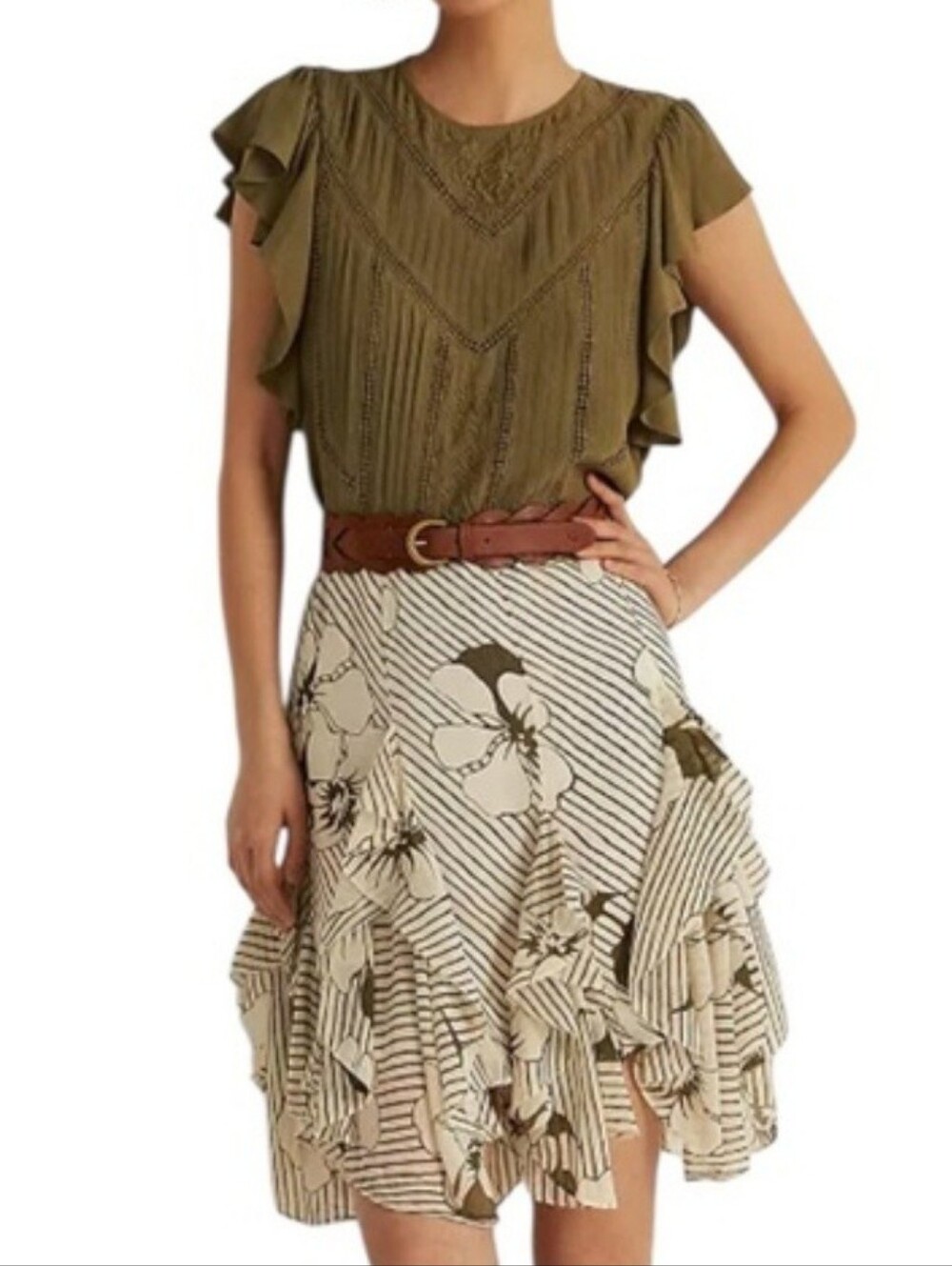 Lauren Ralph Lauren Ruffle Floral Skirt Cream and Olive Size 8
